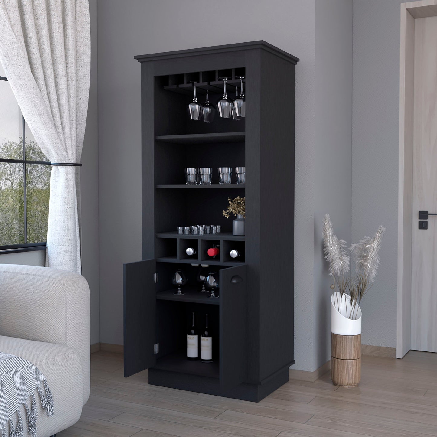 70" Black Bar Cabinet With Wine Storage