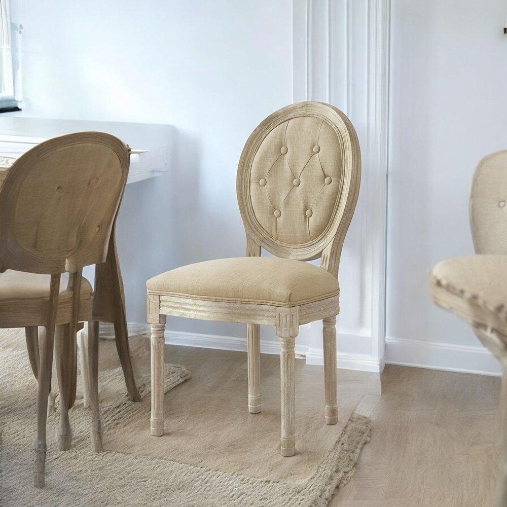 Tufted Cream and Brown Upholstered Linen Dining Side Chair