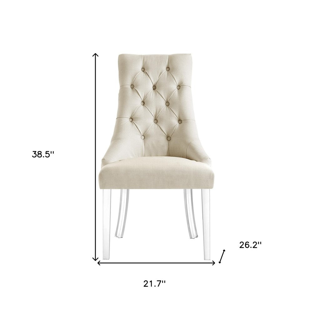 Set of Two Tufted Cream and Clear Upholstered Linen Dining Side Chairs
