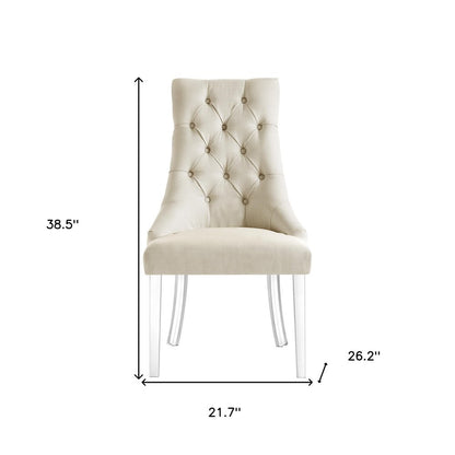 Set of Two Tufted Cream and Clear Upholstered Linen Dining Side Chairs