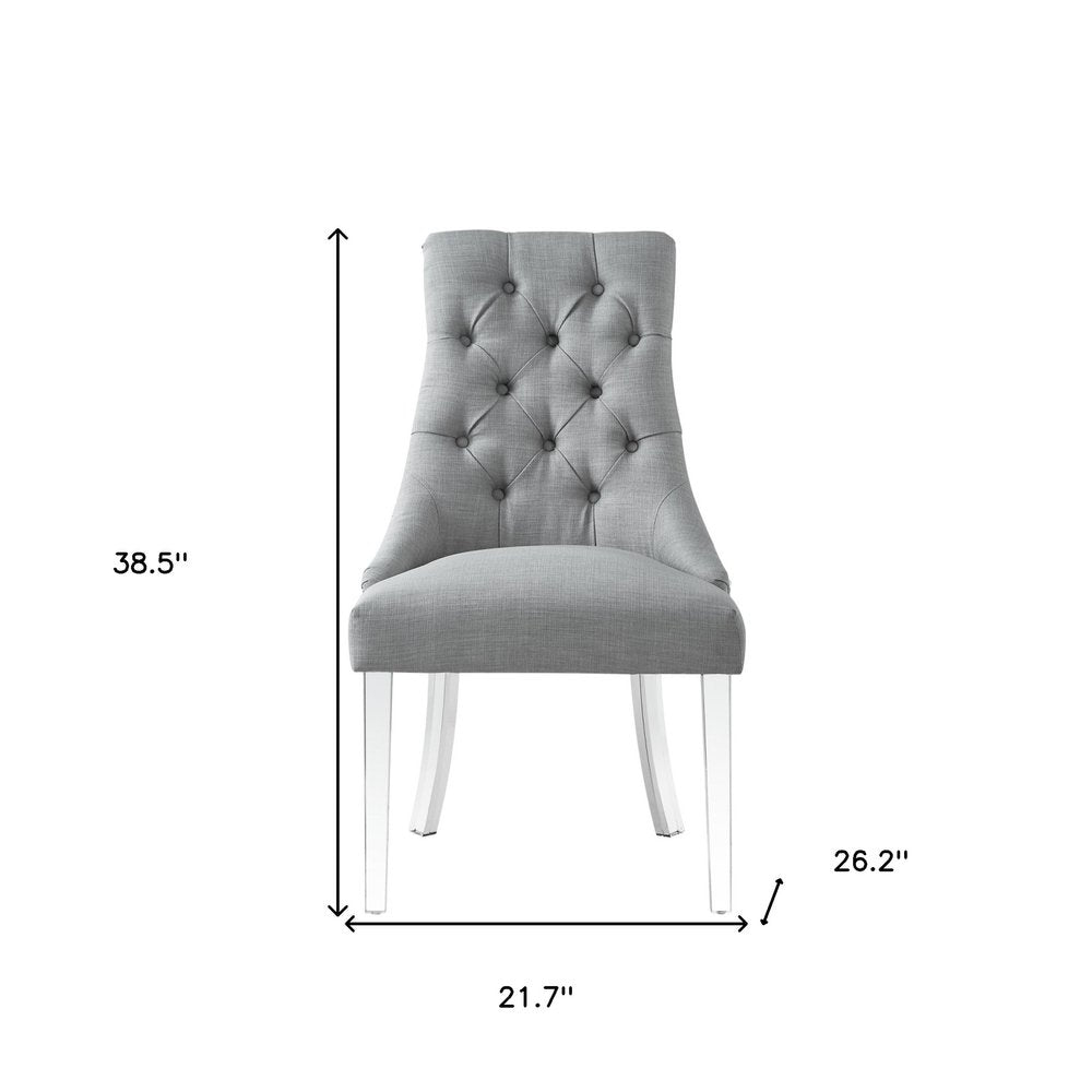 Set of Two Tufted Light Gray and Clear Upholstered Linen Dining Side Chairs