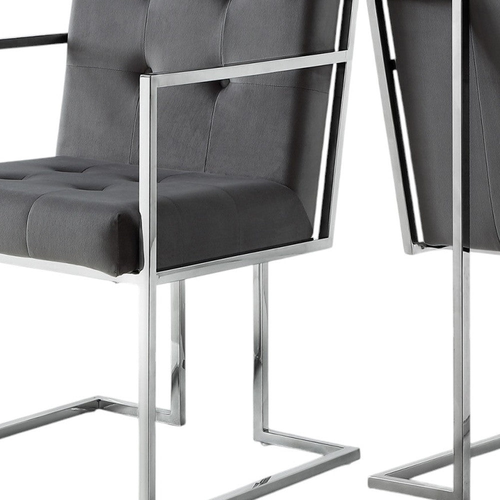 Set of Two Tufted Gray and Silver Metallic Upholstered Velvet Dining Arm Chairs