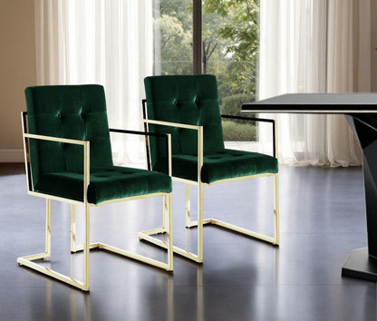Set of Two Tufted Hunter Green and Gold Upholstered Velvet Dining Arm Chairs