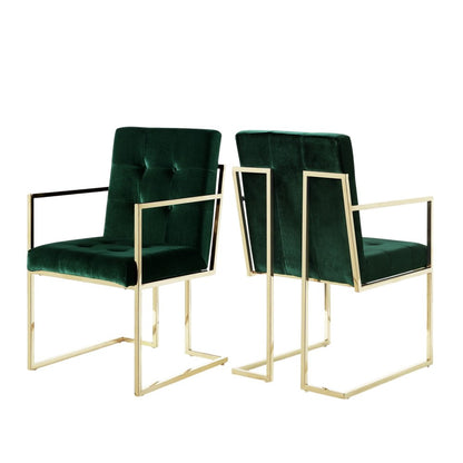 Set of Two Tufted Hunter Green and Gold Upholstered Velvet Dining Arm Chairs