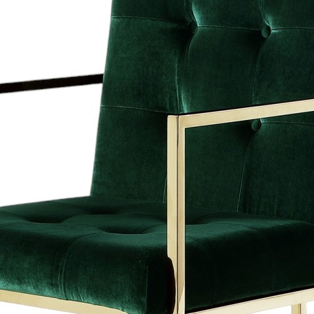Set of Two Tufted Hunter Green and Gold Upholstered Velvet Dining Arm Chairs