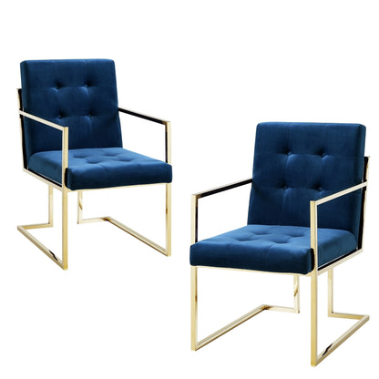 Set of Two Tufted Navy Blue and Gold Upholstered Velvet Dining Arm Chairs