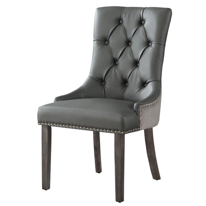 Set of Two Tufted Dark Gray and Black Upholstered Faux Leather Dining Side Chairs