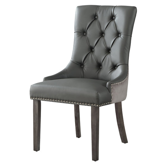 Set of Two Tufted Dark Gray and Black Upholstered Faux Leather Dining Side Chairs