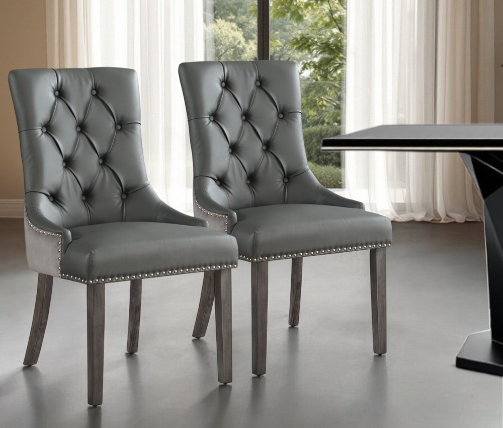 Set of Two Tufted Dark Gray and Black Upholstered Faux Leather Dining Side Chairs