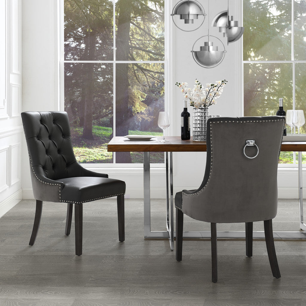 Set of Two Tufted Dark Gray and Black Upholstered Faux Leather Dining Side Chairs