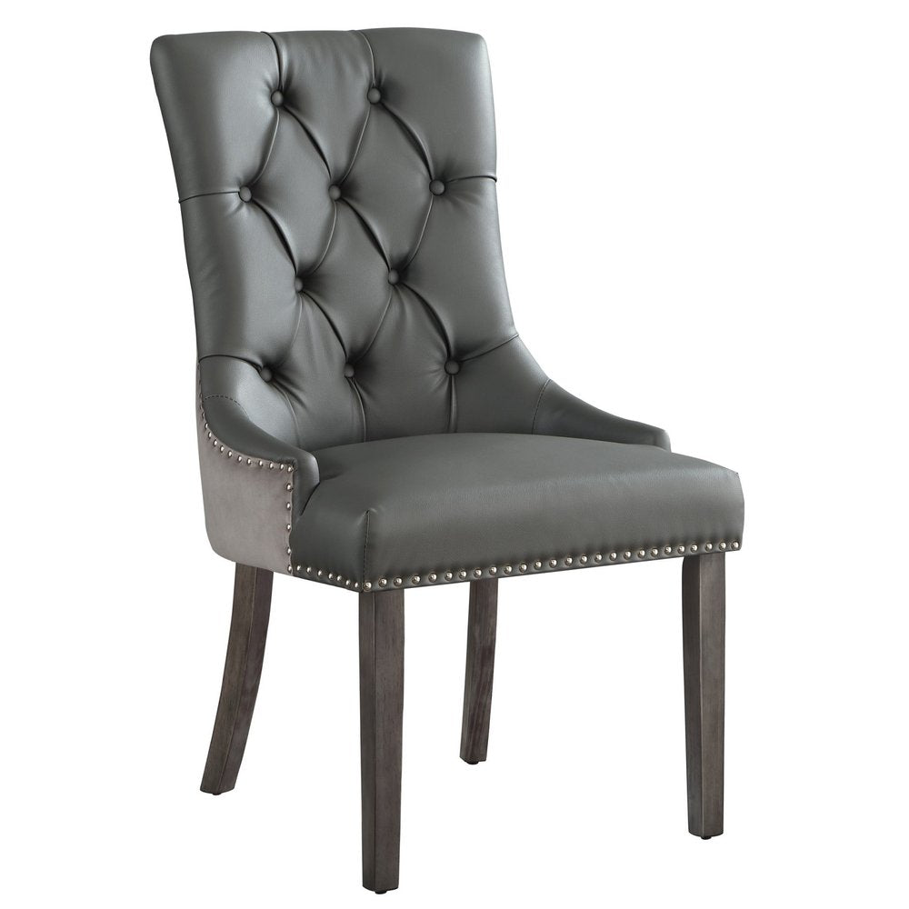 Set of Two Tufted Dark Gray and Black Upholstered Faux Leather Dining Side Chairs