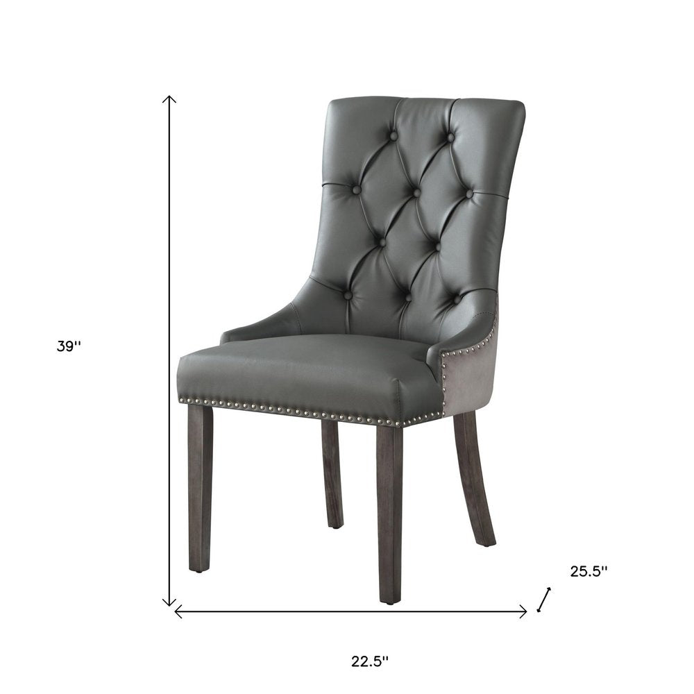 Set of Two Tufted Dark Gray and Black Upholstered Faux Leather Dining Side Chairs