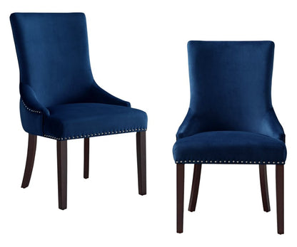 Set of Two Tufted Navy Blue and Espresso Upholstered Velvet Dining Side Chairs