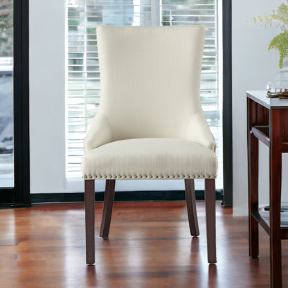 Set of Two Tufted Cream and Espresso Upholstered Linen Dining Side Chairs