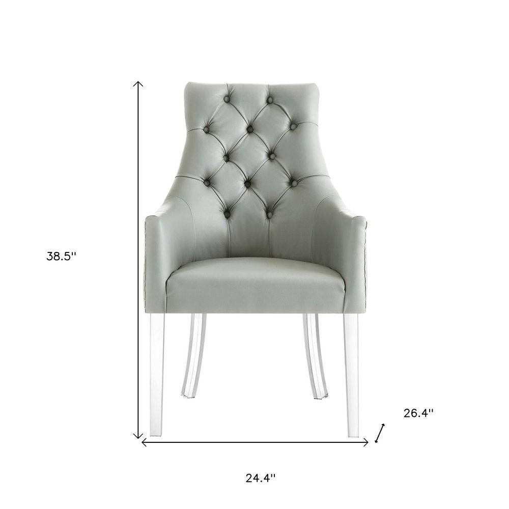 Set of Two Tufted Gray and Clear Upholstered Faux Leather Dining Arm Chairs
