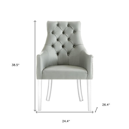 Set of Two Tufted Gray and Clear Upholstered Faux Leather Dining Arm Chairs