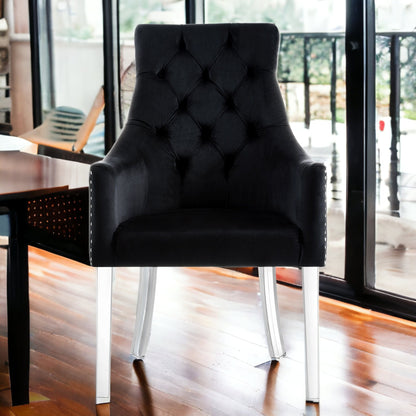 Set of Two Tufted Black and Clear Upholstered Velvet Dining Arm Chairs