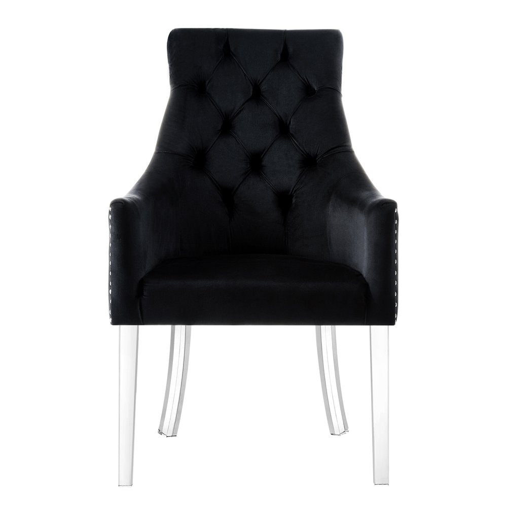 Set of Two Tufted Black and Clear Upholstered Velvet Dining Arm Chairs