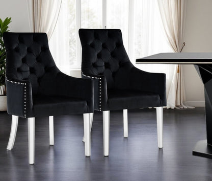 Set of Two Tufted Black and Clear Upholstered Velvet Dining Arm Chairs