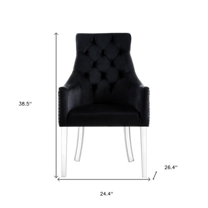 Set of Two Tufted Black and Clear Upholstered Velvet Dining Arm Chairs