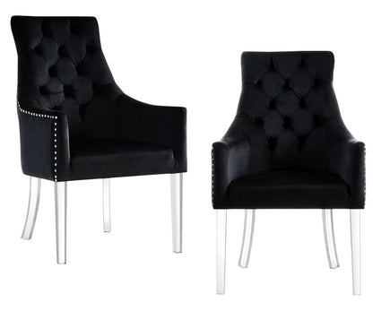 Set of Two Tufted Black and Clear Upholstered Velvet Dining Arm Chairs