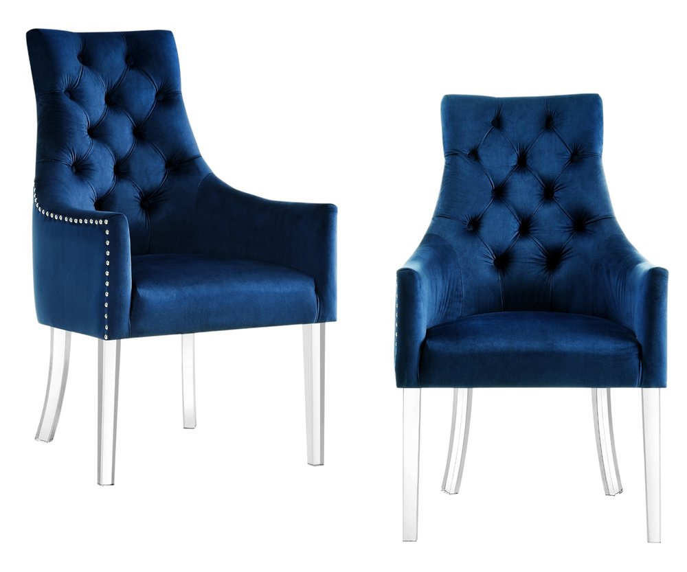 Set of Two Tufted Navy Blue and Clear Upholstered Velvet Dining Arm Chairs