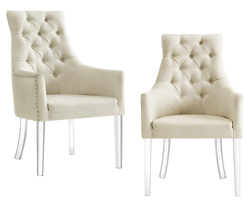 Set of Two Tufted Cream and Clear Upholstered Linen Dining Arm Chairs