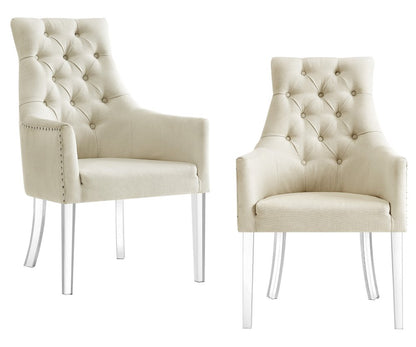 Set of Two Tufted Cream and Clear Upholstered Linen Dining Arm Chairs