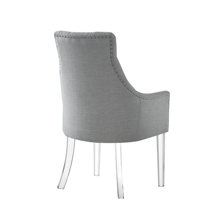 Set of Two Tufted Light Gray and Clear Upholstered Linen Dining Arm Chairs