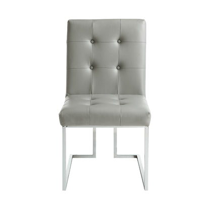 Set of Two Tufted Light Gray and Silver Metallic Upholstered Faux Leather Dining Side Chairs