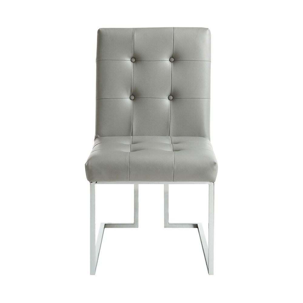 Set of Two Tufted Light Gray and Silver Metallic Upholstered Faux Leather Dining Side Chairs