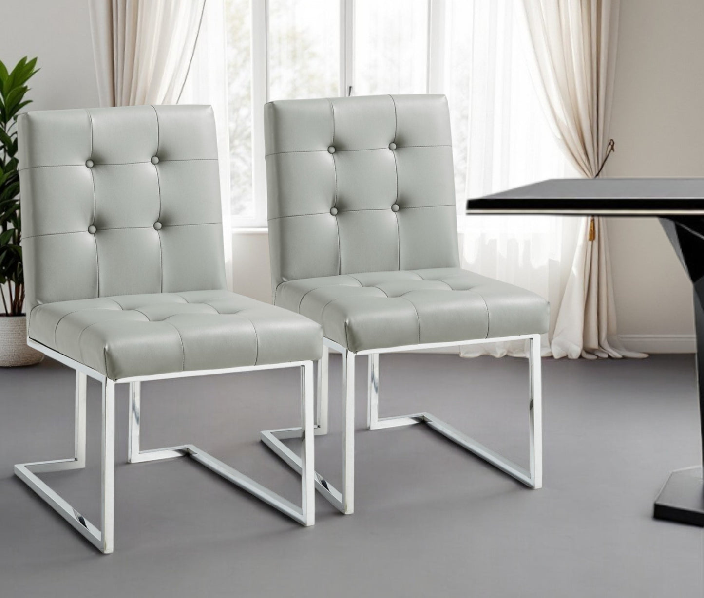 Set of Two Tufted Light Gray and Silver Metallic Upholstered Faux Leather Dining Side Chairs