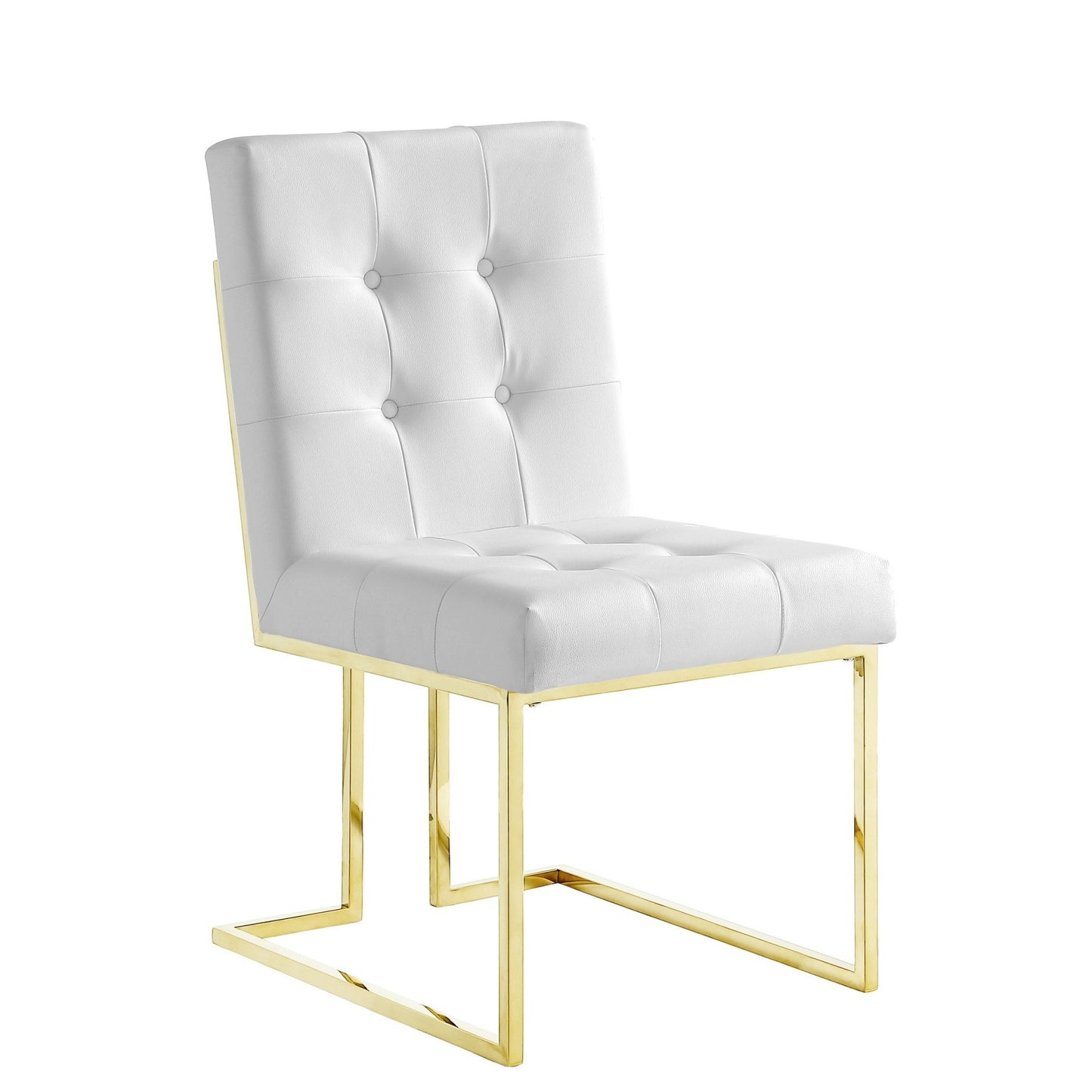 Set of Two Tufted White and Gold Upholstered Faux Leather Dining Side Chairs