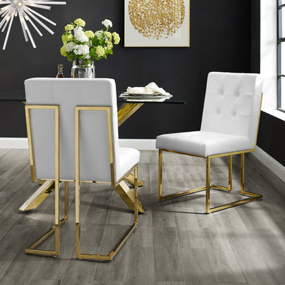 Set of Two Tufted White and Gold Upholstered Faux Leather Dining Side Chairs