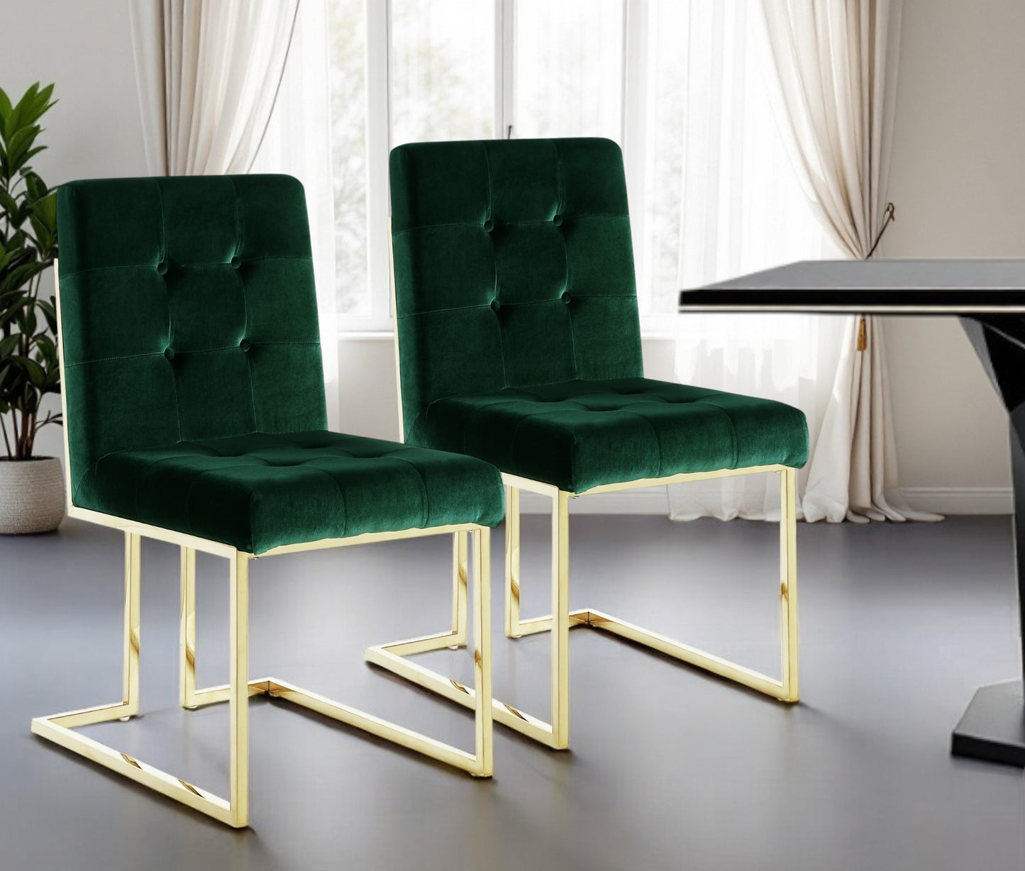 Set of Two Tufted Hunter Green and Gold Upholstered Velvet Dining Side Chairs