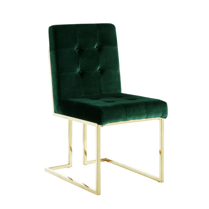 Set of Two Tufted Hunter Green and Gold Upholstered Velvet Dining Side Chairs