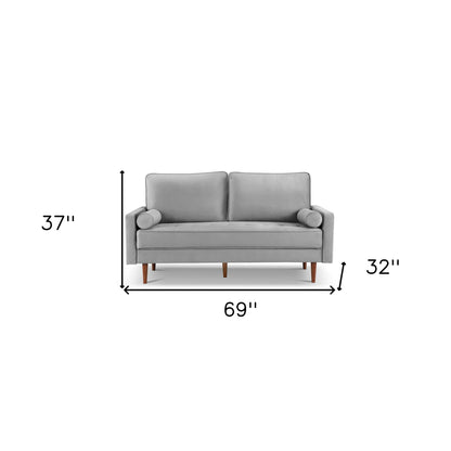 69" Gray Velvet Sofa And Toss Pillows With Dark Brown Legs