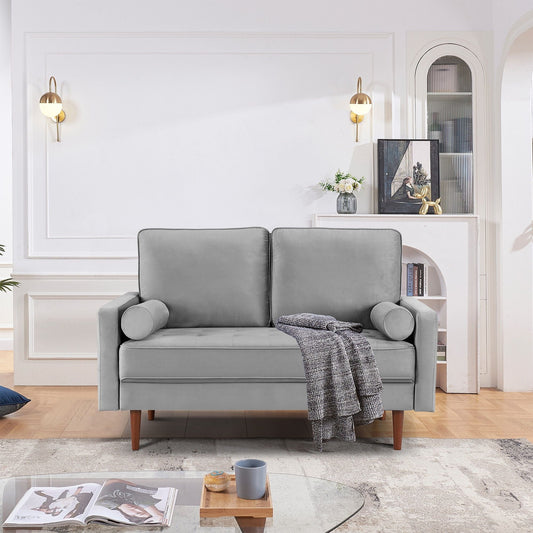 57" Gray And Dark Brown Velvet Loveseat and Toss Pillows