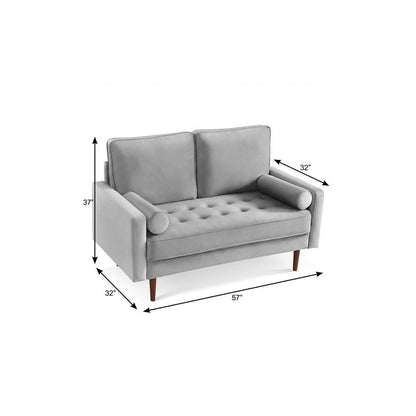 57" Gray And Dark Brown Velvet Loveseat and Toss Pillows