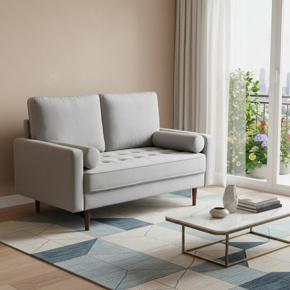 57" Gray And Dark Brown Velvet Loveseat and Toss Pillows
