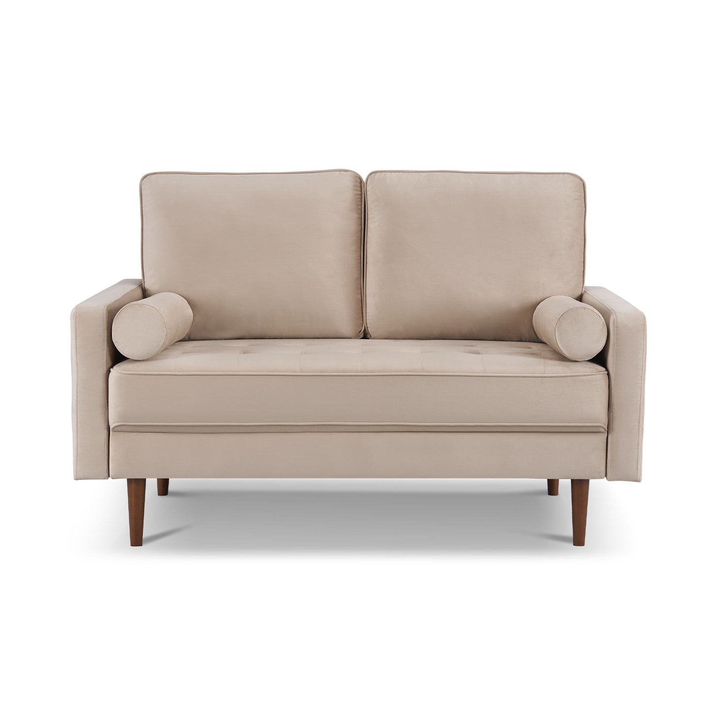 57" Beige And Dark Brown Velvet Loveseat and Toss Pillows