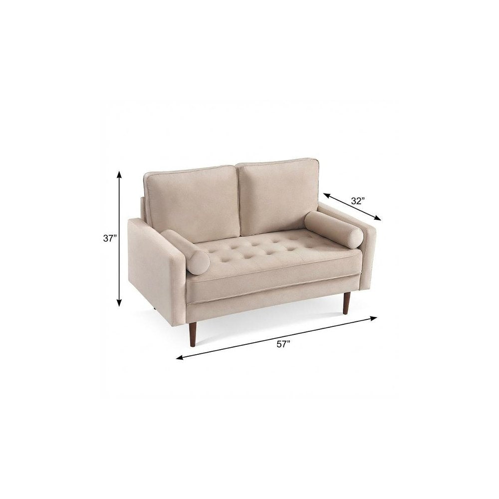 57" Beige And Dark Brown Velvet Loveseat and Toss Pillows