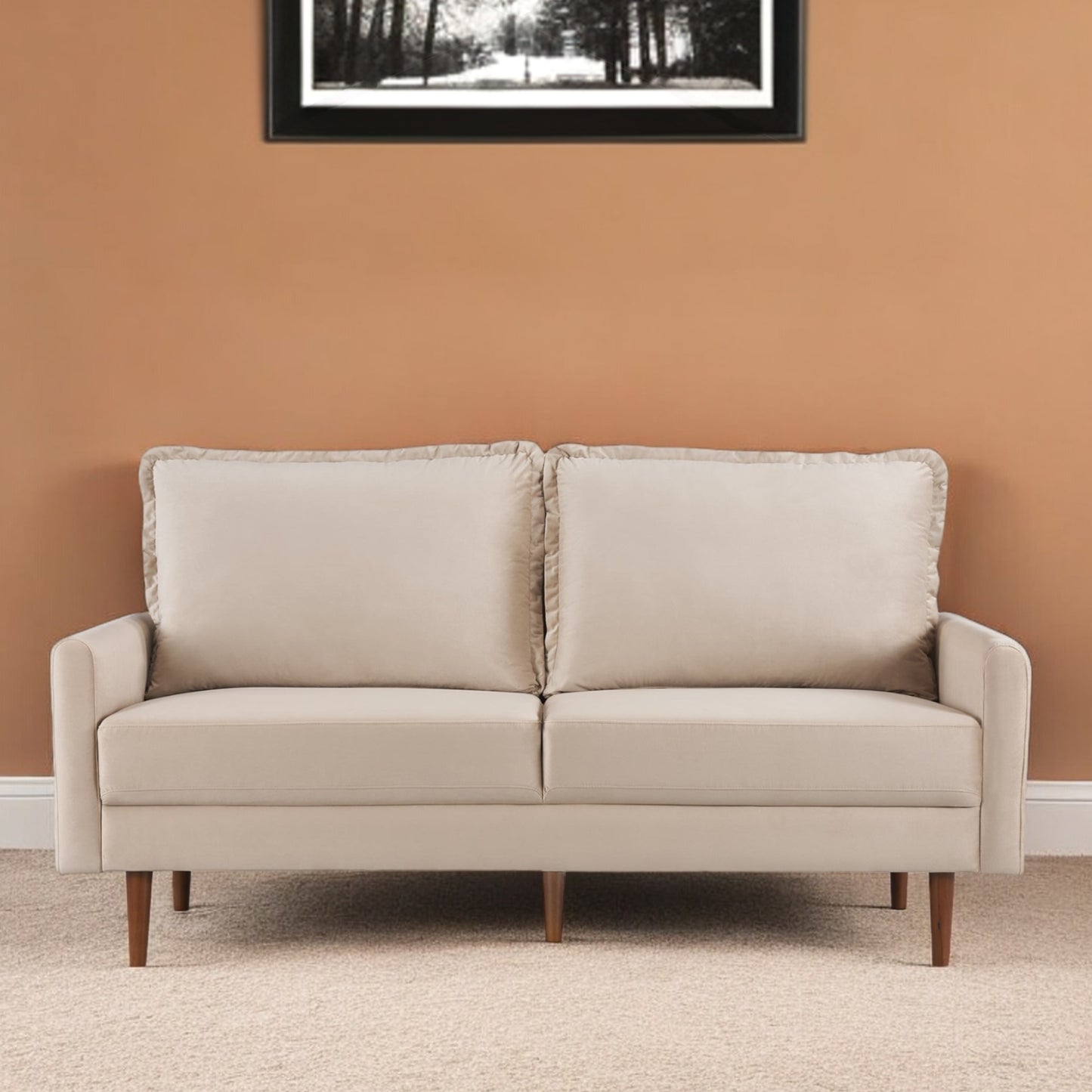 69" Beige Velvet Sofa With Dark Brown Legs