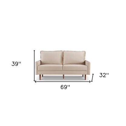 69" Beige Velvet Sofa With Dark Brown Legs