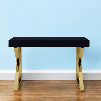 48" Black and Gold Writing Desk With Two Drawers