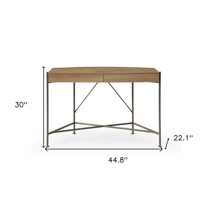 45" Natural and Bronze Half Circle Writing Desk With Two Drawers