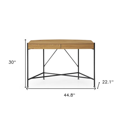 45" Natural and Bronze Half Circle Writing Desk With Two Drawers