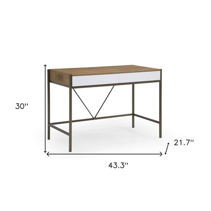 43" Natural and Bronze Writing Desk With Two Drawers