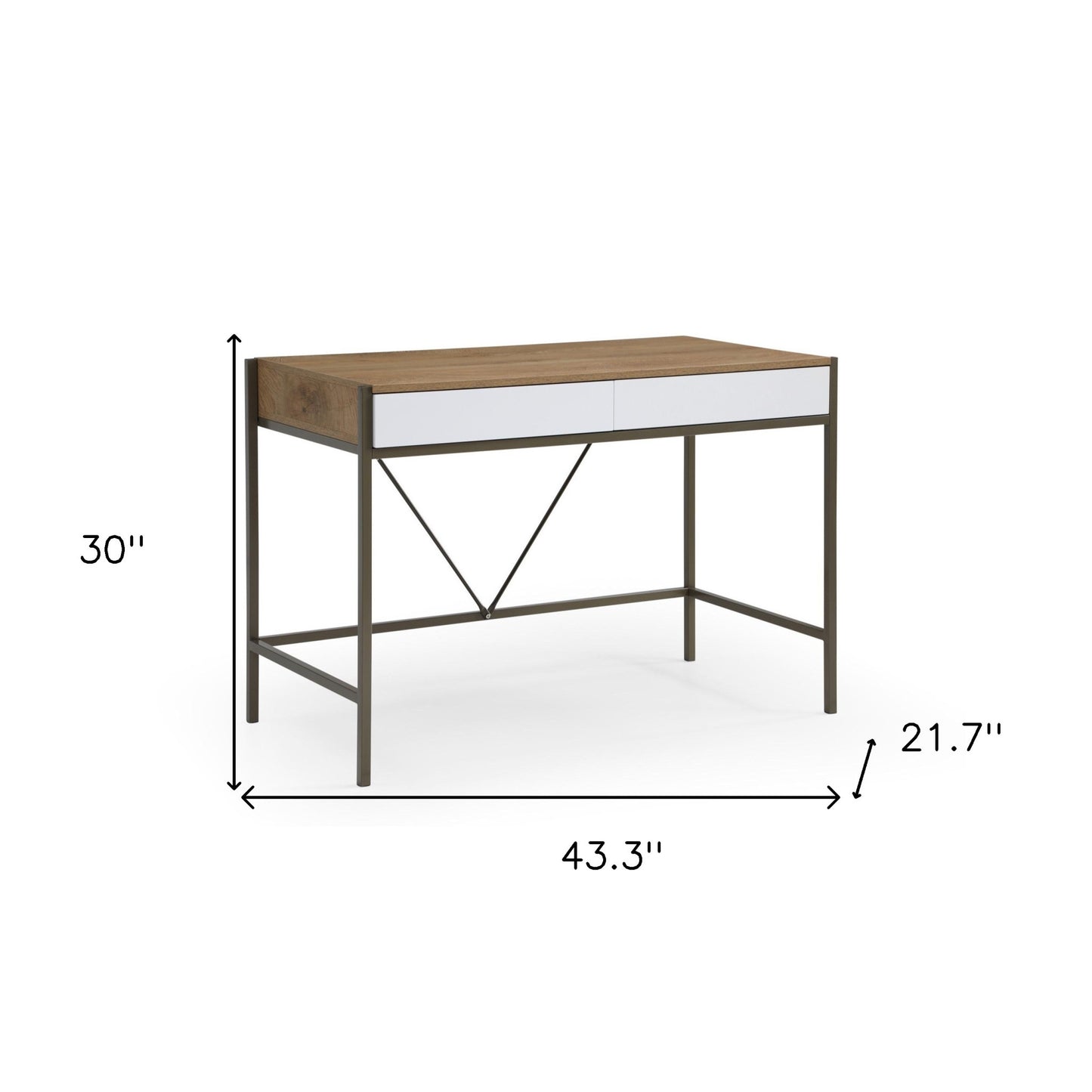 43" Natural and Bronze Writing Desk With Two Drawers