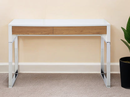 47" White and Silver Writing Desk With Two Drawers